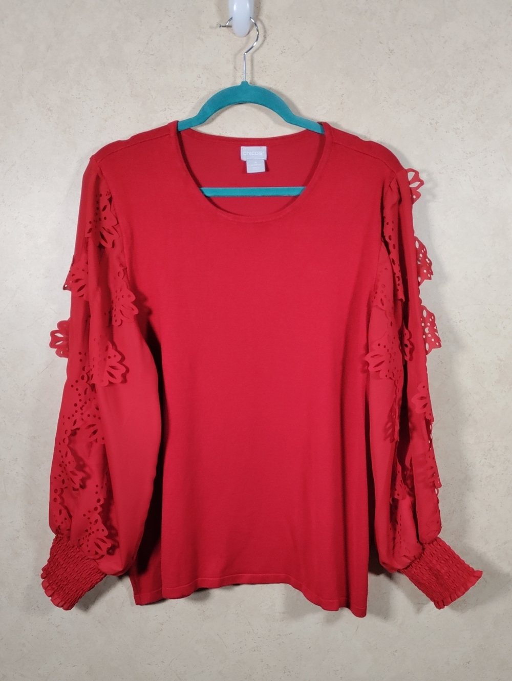 Chico's Red Long Sleeve Laser-Cut Sleeve Sweatshirt